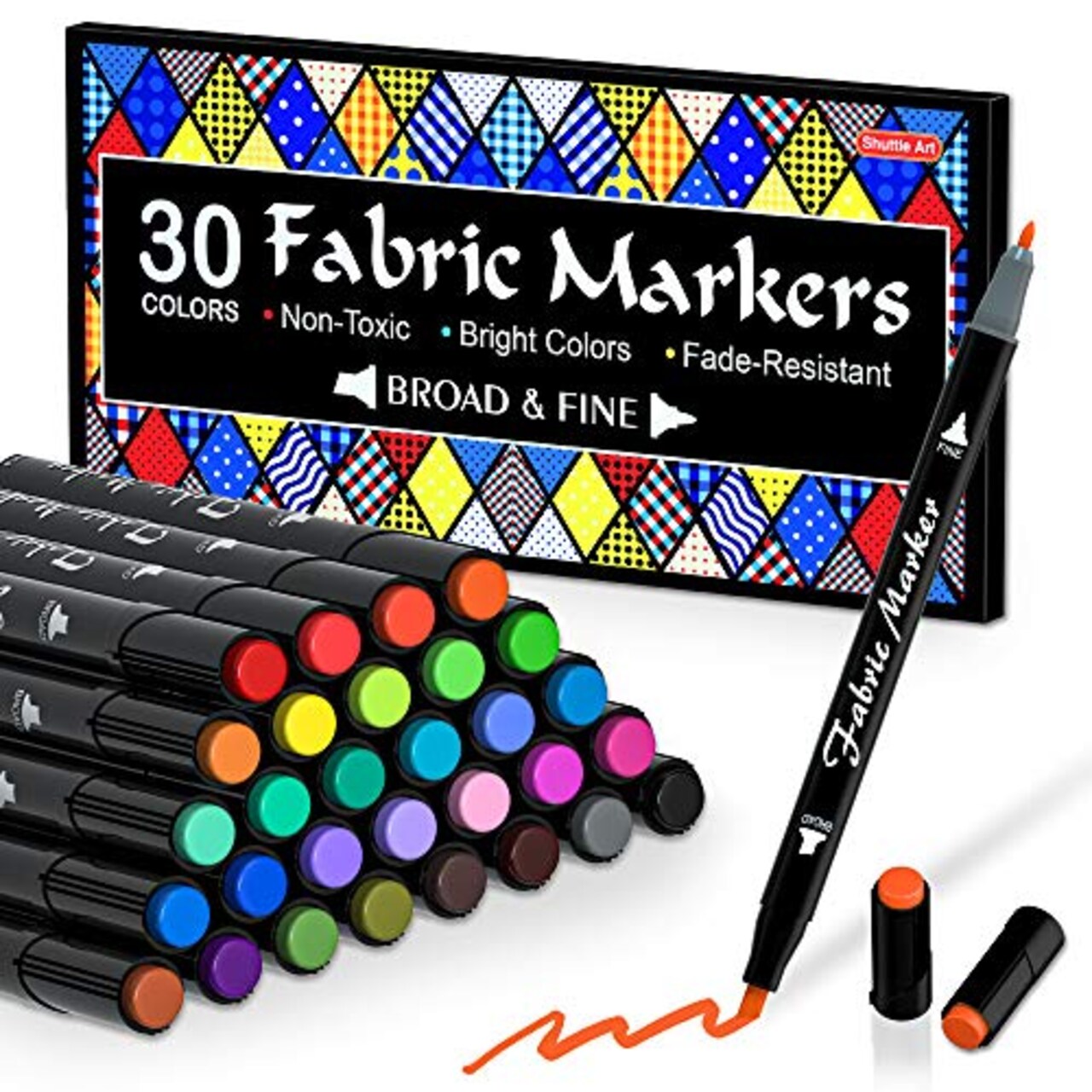 30-Color Dual Tip Fabric Markers - Permanent No-Bleed Pens for T-Shirts and Sneakers, Non-Toxic & Child Safe for Kids and Adults Painting and Writing